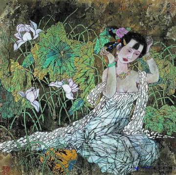 中国 Painting - Xu Huiquan 中国の女の子と蓮 2